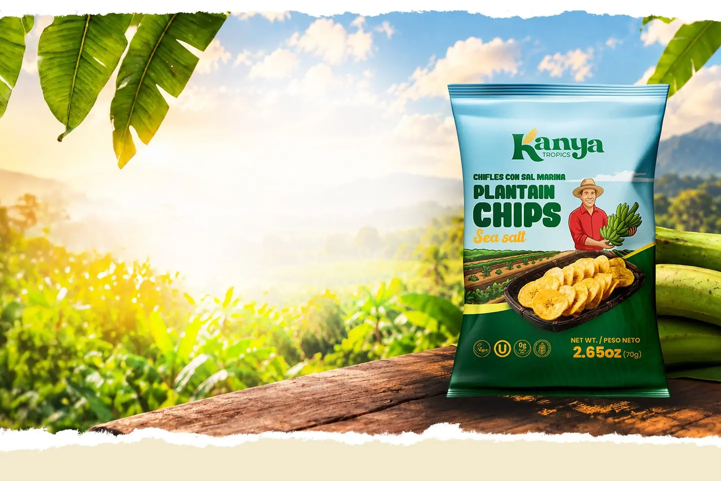 Funda de chifles Kanya Tropics en un campo de plátano al amanecer